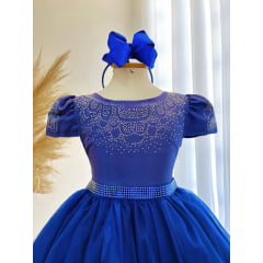 Vestido Infantil Azul Royal Damas C/ Strass Luxo