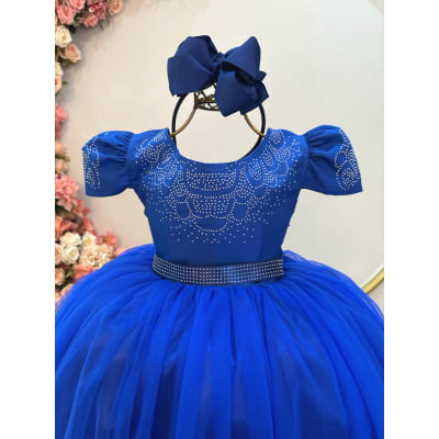 Vestido Infantil Azul Royal Damas C/ Strass Luxo