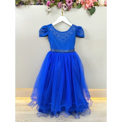 Vestido Infantil Azul Royal Damas C/ Strass Luxo