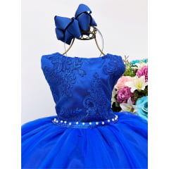 Vestido Infantil Azul Royal Renda Cinto Com Pérolas e Strass