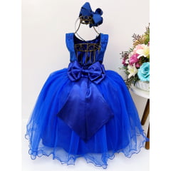 Vestido Infantil Azul Royal Renda Cinto Com Pérolas e Strass