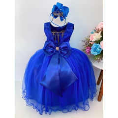 Vestido Infantil Azul Royal Renda Cinto Pérolas e Strass