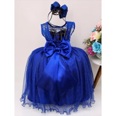 Vestido Infantil Azul Royal Renda Metalizada Brilho Damas