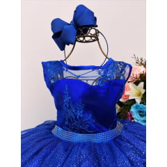 Vestido Infantil Azul Royal Renda Metalizada Brilho Damas