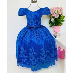 Vestido Infantil Azul Royal Renda Realeza Princesa Pérolas