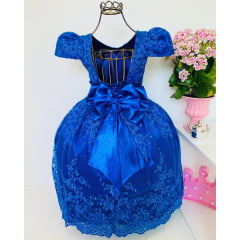 Vestido Infantil Azul Royal Renda Realeza Princesa Pérolas