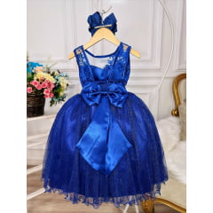 Vestido Infantil Azul Royal Renda Realeza Tule C/ Glitter