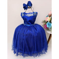 Vestido Infantil Azul Royal Renda Tule C/ Brilho Damas Luxo