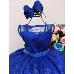 Vestido Infantil Azul Royal Renda Tule C/ Brilho Damas Luxo