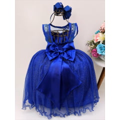 Vestido Infantil Azul Royal Renda Tule C/ Brilho Damas Luxo