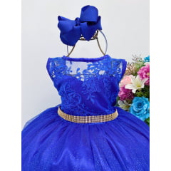 Vestido Infantil Azul Royal Renda Tule com Brilho Damas Luxo