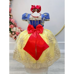 Vestido Infantil Branca de Neve C/ Renda Metalizada Dourada