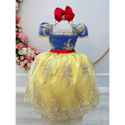 Vestido Infantil Branca de Neve C/ Renda Metalizada Dourada