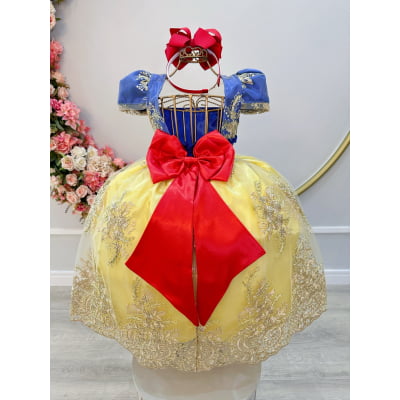 Vestido Infantil Branca de Neve C/ Renda Metalizada Dourada