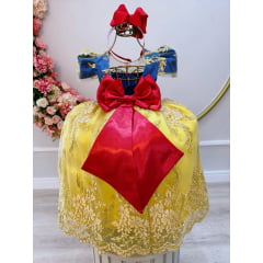 Vestido Infantil Branca de Neve Renda Metalizada Dourada