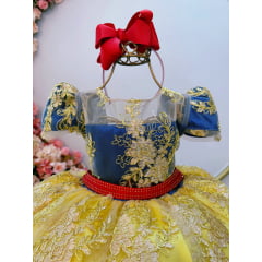 Vestido Infantil Branca de Neve Renda Metalizada Dourada