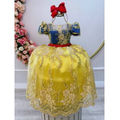 Vestido Infantil Branca de Neve Renda Metalizada Dourada