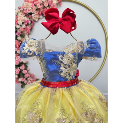 Vestido Infantil Branca de Neve Renda Metalizada Dourada