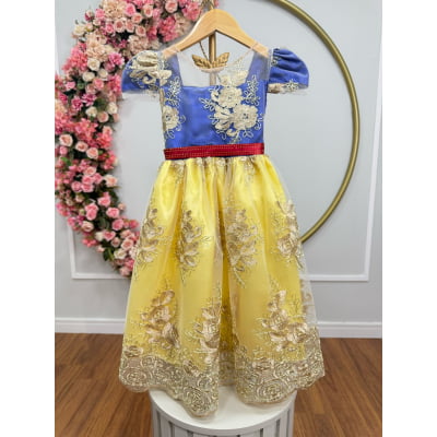Vestido Infantil Branca de Neve Renda Metalizada Dourada