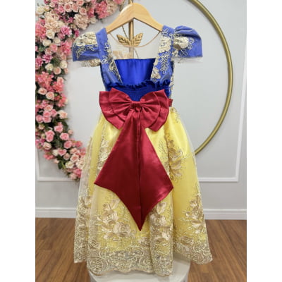 Vestido Infantil Branca de Neve Renda Metalizada Dourada