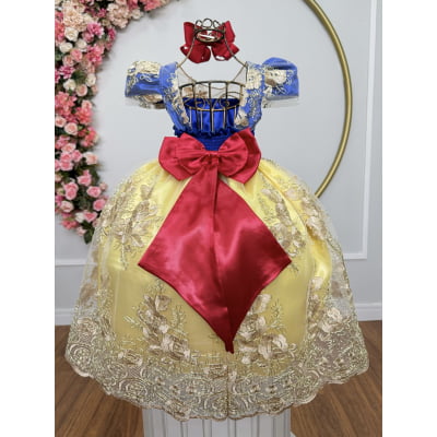 Vestido Infantil Branca de Neve Renda Metalizada Dourada