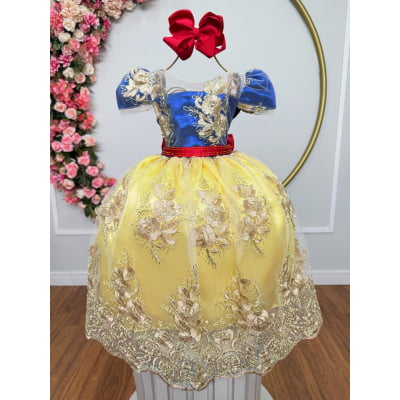Vestido Infantil Branca de Neve Renda Metalizada Dourada