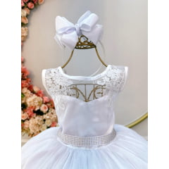 Vestido Infantil Branco C/ Renda Metalizada e Tule Glitter