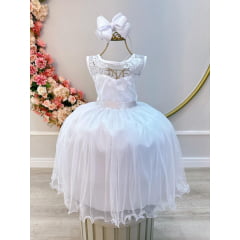 Vestido Infantil Branco C/ Renda Metalizada e Tule Glitter