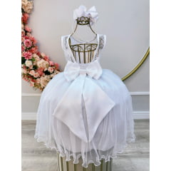 Vestido Infantil Branco C/ Renda Metalizada e Tule Glitter