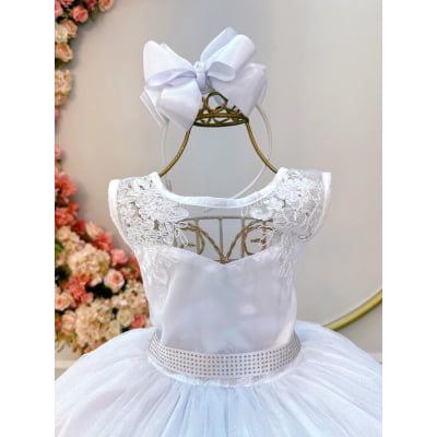 Vestido Infantil Branco C/ Renda Metalizada e Tule Glitter