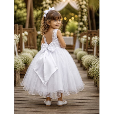 Vestido Infantil Branco C/ Renda Metalizada e Tule Glitter
