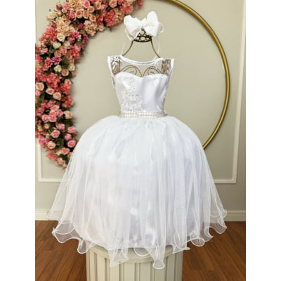 Vestido Infantil Branco C/ Renda Metalizada e Tule Glitter