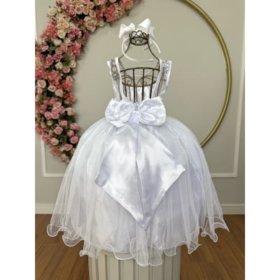 Vestido Infantil Branco C/ Renda Metalizada e Tule Glitter