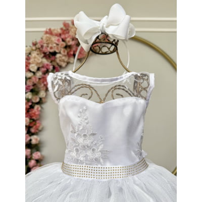 Vestido Infantil Branco C/ Renda Metalizada e Tule Glitter