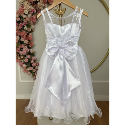 Vestido Infantil Branco C/ Renda Metalizada e Tule Glitter
