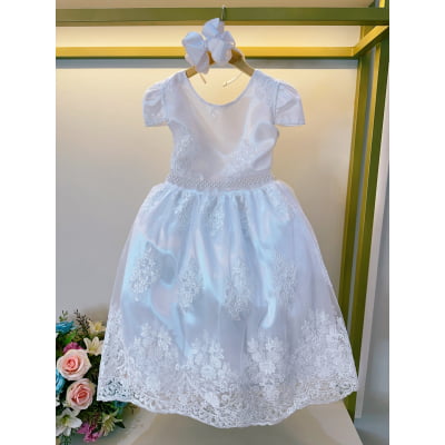 Vestido Infantil Branco C/ Renda Realeza Daminhas Festas