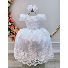 Vestido Infantil Branco C/ Renda Realeza Metalizada Daminhas