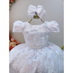 Vestido Infantil Branco C/ Renda Realeza Metalizada Daminhas