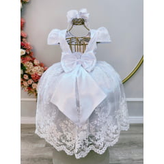 Vestido Infantil Branco C/ Renda Realeza Metalizada Daminhas