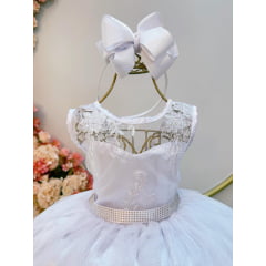 Vestido Infantil Branco Renda Metalizada Tule C/ Brilho Damas