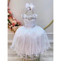 Vestido Infantil Branco Renda Metalizada Tule C/ Brilho Damas