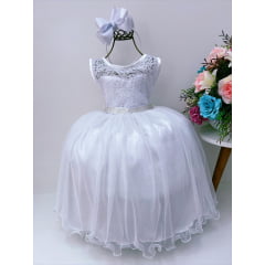 Vestido Infantil Branco Renda Tule C/ Brilho Strass Damas