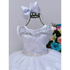 Vestido Infantil Branco Renda Tule C/ Brilho Strass Damas
