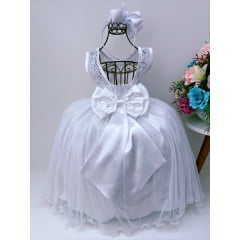 Vestido Infantil Branco Renda Tule C/ Brilho Strass Damas