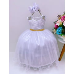 Vestido Infantil Branco Renda Tule com Brilho Damas Luxo