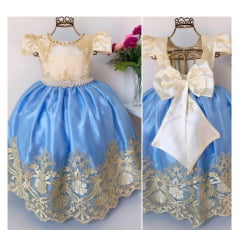 Vestido Infantil Damas de Honra Azul e Marfim Renda Realeza