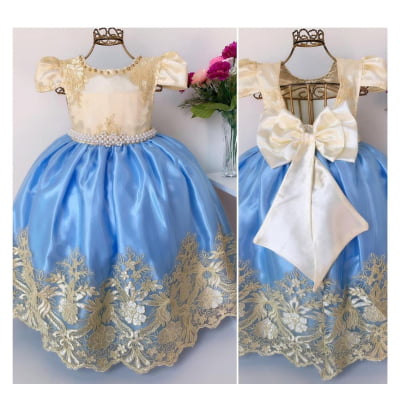 Vestido Infantil Damas de Honra Azul e Marfim Renda Realeza