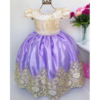 Vestido Infantil Damas de Honra Lilás e Marfim Renda Realeza
