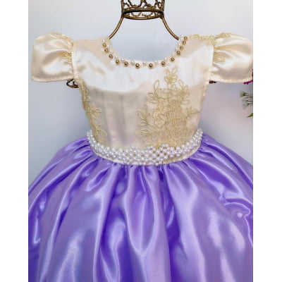 Vestido Infantil Damas de Honra Lilás e Marfim Renda Realeza