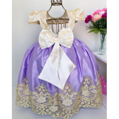 Vestido Infantil Damas de Honra Lilás e Marfim Renda Realeza